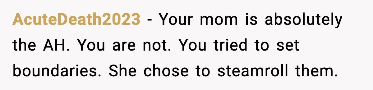 AcuteDeath2023 - Your mom is absolutely the AH. You are not. You tried to set boundaries. She chose to steamroll them.