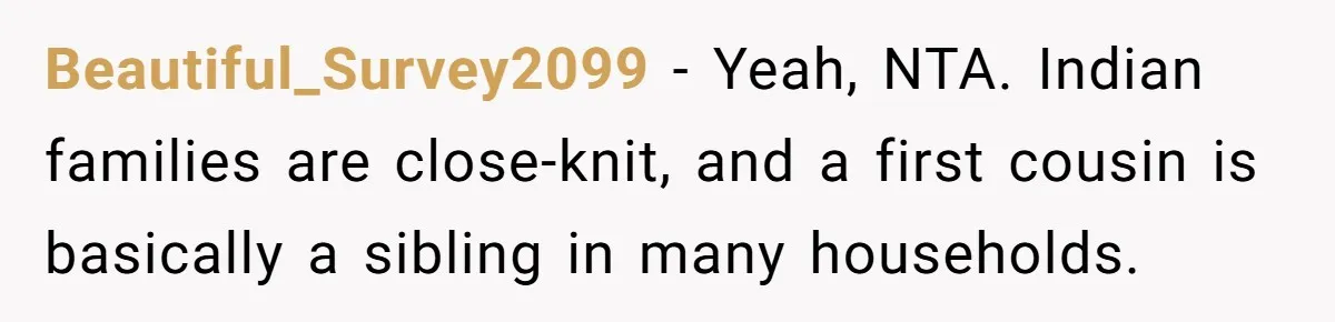 Beautiful_Survey2099 − Yeah, NTA. Indian families are close-knit, and a first cousin is basically a sibling in many households.
