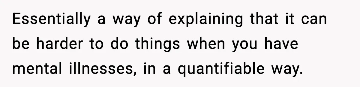 Essentially a way of explaining that it can be harder to do things when you have mental illnesses, in a quantifiable way.