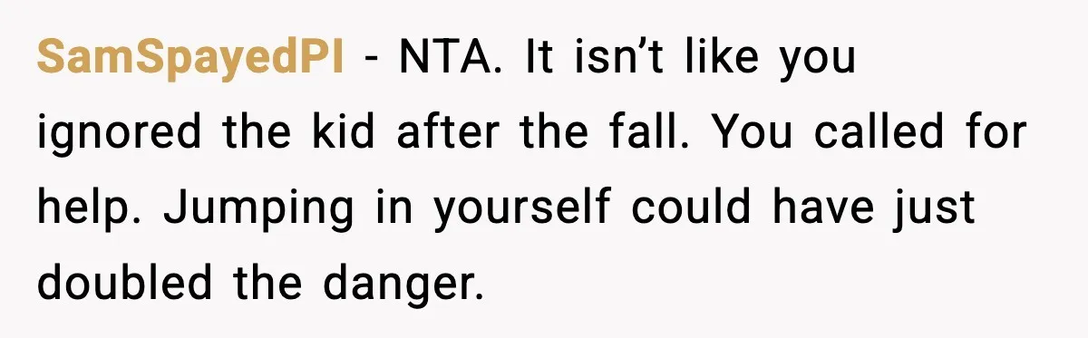 SamSpayedPI - NTA. It isn’t like you ignored the kid after the fall. You called for help. Jumping in yourself could have just doubled the danger.