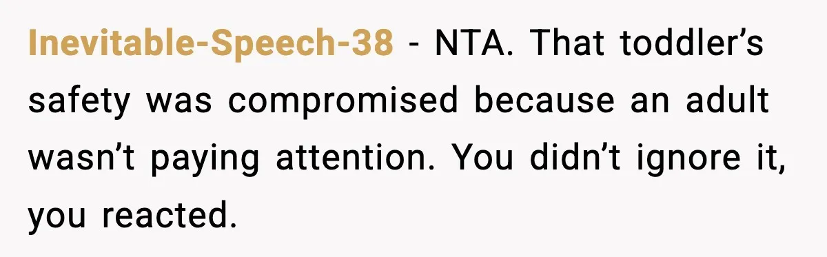 Inevitable-Speech-38 - NTA. That toddler’s safety was compromised because an adult wasn’t paying attention. You didn’t ignore it, you reacted.