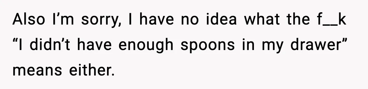 Also I’m sorry, I have no idea what the f__k “I didn’t have enough spoons in my drawer” means either.