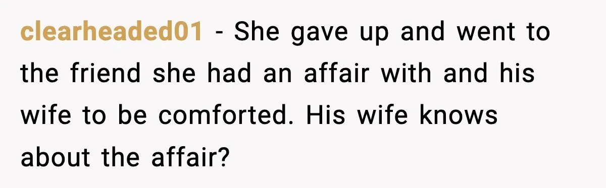 clearheaded01 - She gave up and went to the friend she had an affair with and his wife to be comforted. His wife knows about the affair?