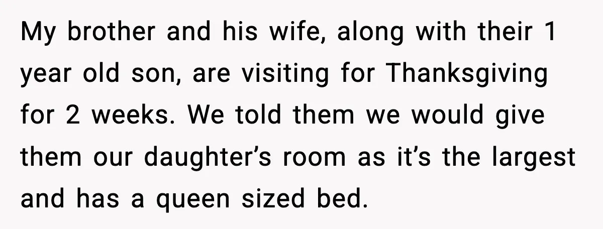 My brother and his wife, along with their 1 year old son, are visiting for Thanksgiving for 2 weeks. We told them we would give them our daughter’s room as...