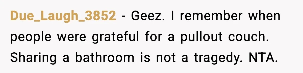 Due_Laugh_3852 - Geez. I remember when people were grateful for a pullout couch. Sharing a bathroom is not a tragedy. NTA.
