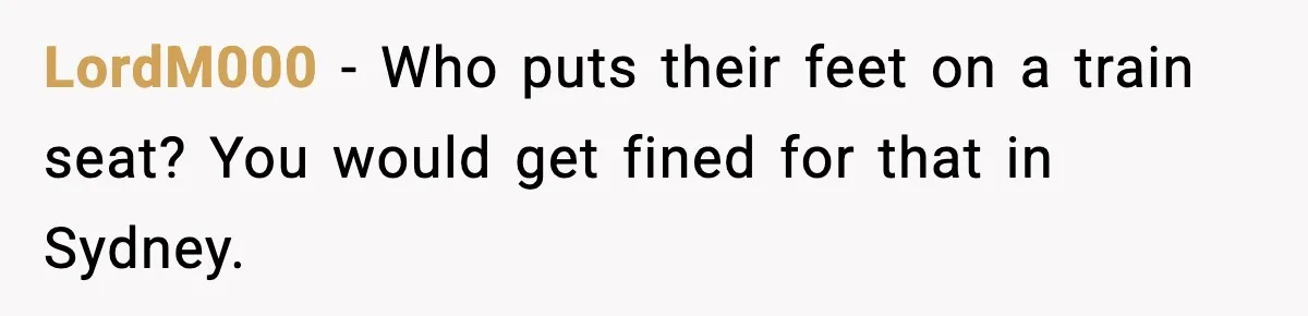 LordM000 - Who puts their feet on a train seat? You would get fined for that in Sydney.