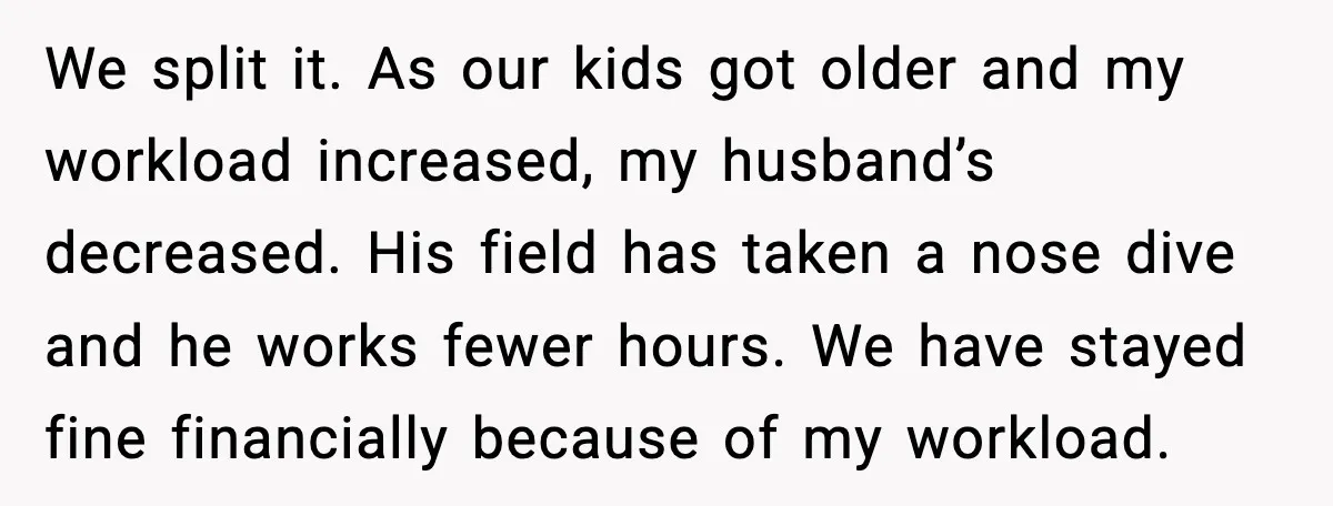 We split it. As our kids got older and my workload increased, my husband’s decreased. His field has taken a nose dive and he works fewer hours. We have stayed...