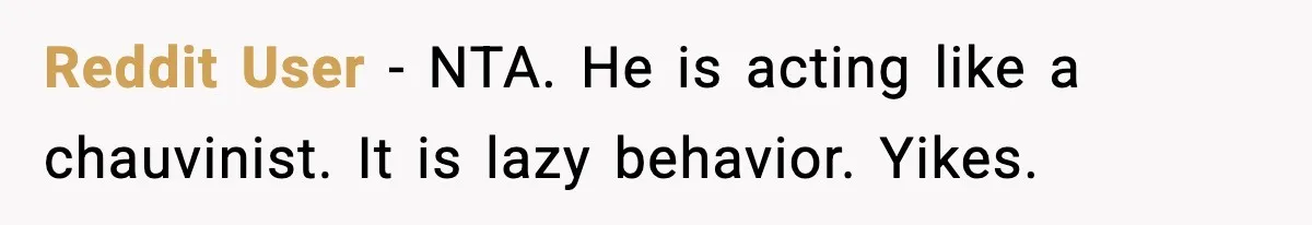 Reddit User - NTA. He is acting like a chauvinist. It is lazy behavior. Yikes.