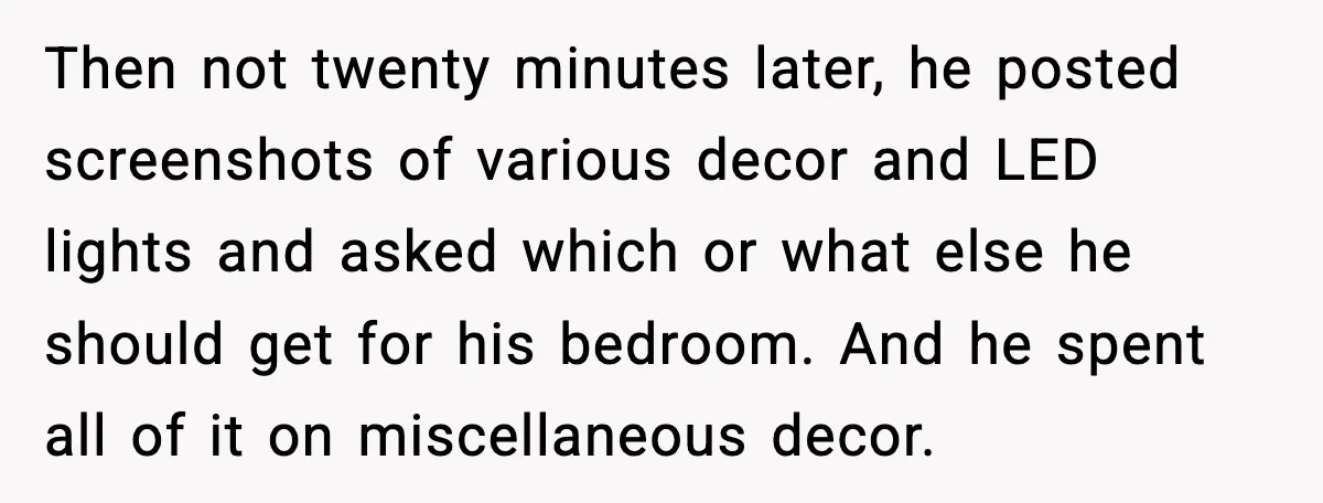 Then not twenty minutes later, he posted screenshots of various decor and LED lights and asked which or what else he should get for his bedroom. And he spent all...