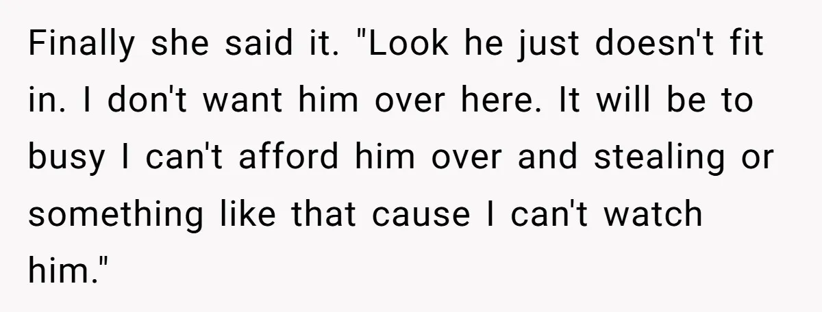 Finally she said it. "Look he just doesn't fit in. I don't want him over here. It will be to busy I can't afford him over and stealing or something...