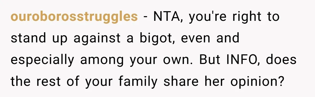 ouroborosstruggles − NTA, you're right to stand up against a bigot, even and especially among your own. But INFO, does the rest of your family share her opinion?