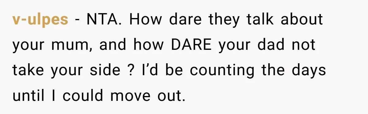 v-ulpes − NTA. How dare they talk about your mum, and how DARE your dad not take your side ? I’d be counting the days until I could move out.