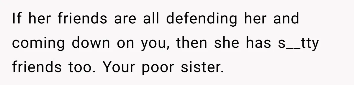 If her friends are all defending her and coming down on you, then she has s__tty friends too. Your poor sister.