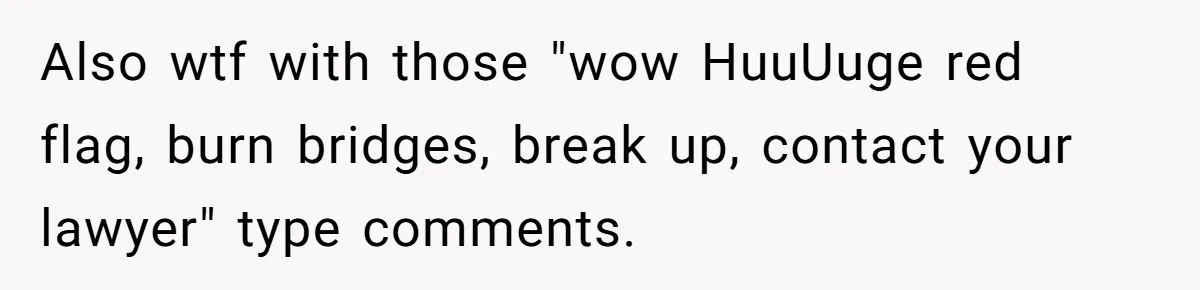 Also wtf with those "wow HuuUuge red flag, burn bridges, break up, contact your lawyer" type comments.