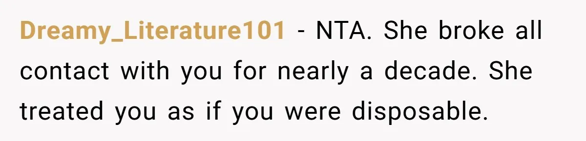 Dreamy_Literature101 − NTA. She broke all contact with you for nearly a decade. She treated you as if you were disposable.