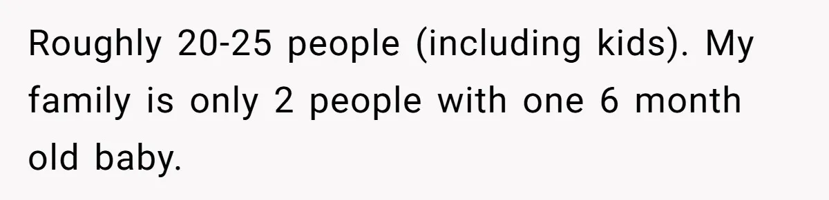 Roughly 20-25 people (including kids). My family is only 2 people with one 6 month old baby.