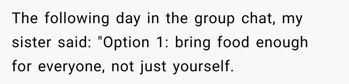 The following day in the group chat, my sister said: "Option 1: bring food enough for everyone, not just yourself.