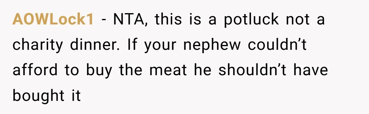 AOWLock1 − NTA, this is a potluck not a charity dinner. If your nephew couldn’t afford to buy the meat he shouldn’t have bought it