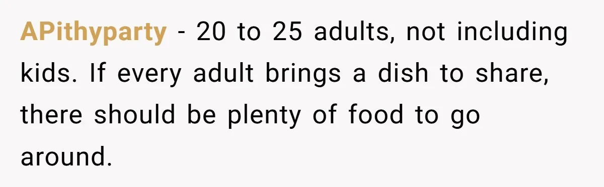 APithyparty − 20 to 25 adults, not including kids. If every adult brings a dish to share, there should be plenty of food to go around.