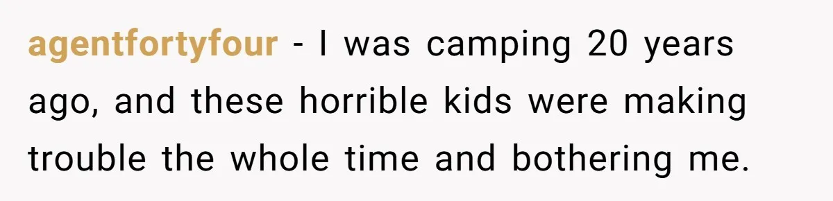 agentfortyfour − I was camping 20 years ago, and these horrible kids were making trouble the whole time and bothering me.
