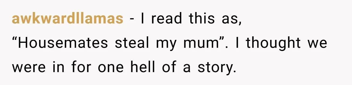awkwardllamas − I read this as, “Housemates steal my mum”. I thought we were in for one hell of a story.