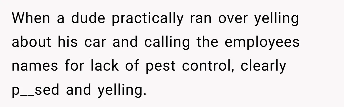 When a dude practically ran over yelling about his car and calling the employees names for lack of pest control, clearly p__sed and yelling.