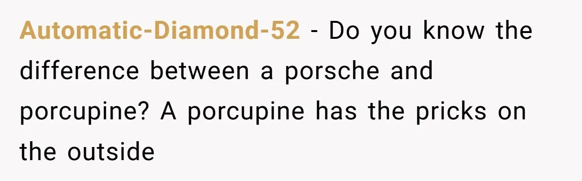Automatic-Diamond-52 − Do you know the difference between a porsche and porcupine? A porcupine has the pricks on the outside