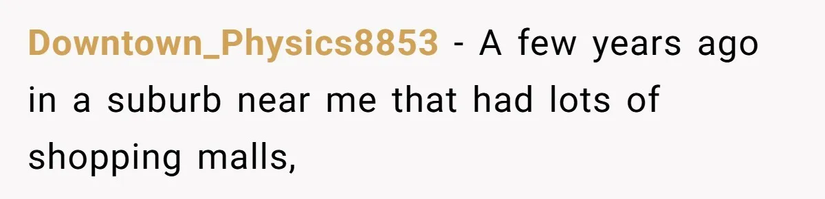 Downtown_Physics8853 − A few years ago in a suburb near me that had lots of shopping malls,