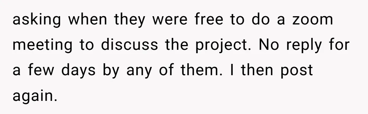 asking when they were free to do a zoom meeting to discuss the project. No reply for a few days by any of them. I then post again.