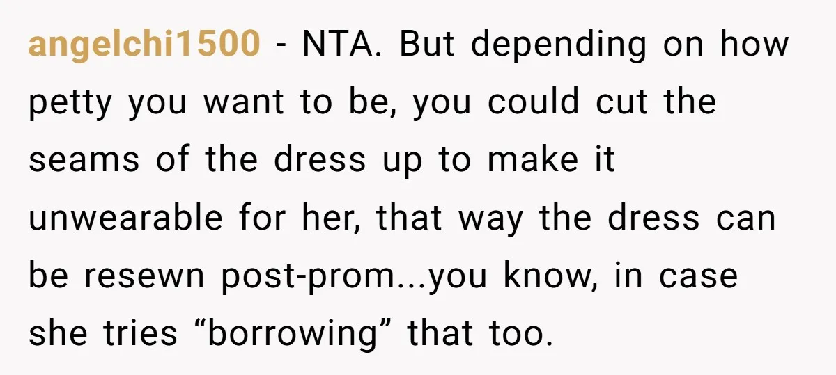 angelchi1500 − NTA. But depending on how petty you want to be, you could cut the seams of the dress up to make it unwearable for her, that way the...