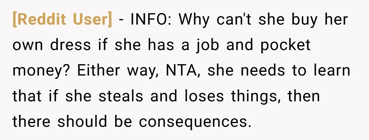 [Reddit User] − INFO: Why can't she buy her own dress if she has a job and pocket money? Either way, NTA, she needs to learn that if she steals...