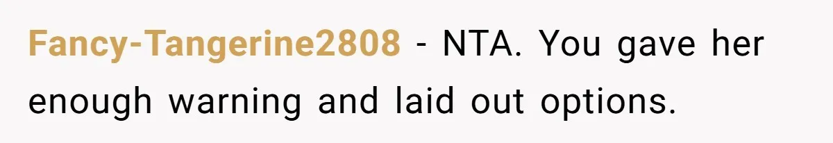 Fancy-Tangerine2808 − NTA. You gave her enough warning and laid out options.