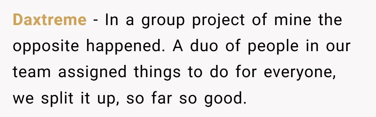 Daxtreme − In a group project of mine the opposite happened. A duo of people in our team assigned things to do for everyone, we split it up, so far...