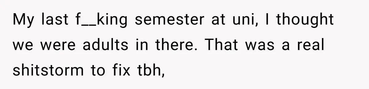 My last f__king semester at uni, I thought we were adults in there. That was a real shitstorm to fix tbh,