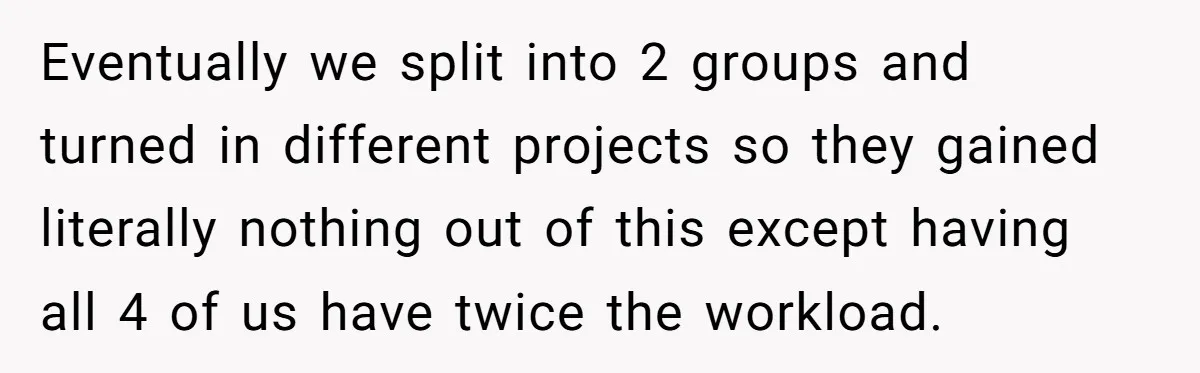 Eventually we split into 2 groups and turned in different projects so they gained literally nothing out of this except having all 4 of us have twice the workload.