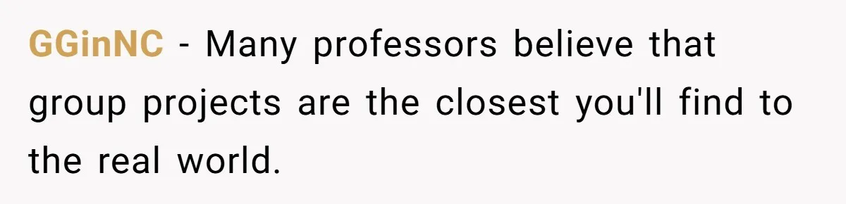 GGinNC − Many professors believe that group projects are the closest you'll find to the real world.