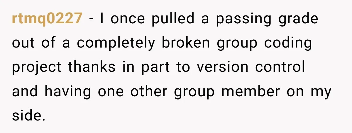 rtmq0227 − I once pulled a passing grade out of a completely broken group coding project thanks in part to version control and having one other group member on my...