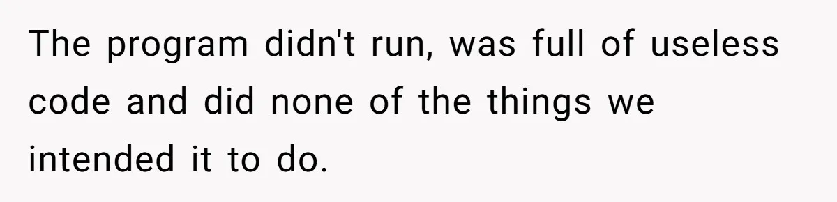 The program didn't run, was full of useless code and did none of the things we intended it to do.