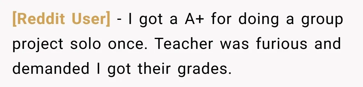[Reddit User] − I got a A+ for doing a group project solo once. Teacher was furious and demanded I got their grades.