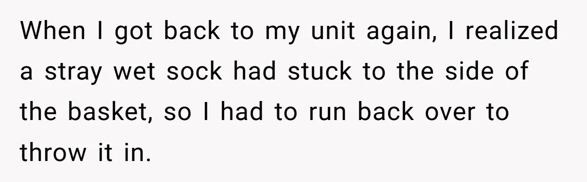 When I got back to my unit again, I realized a stray wet sock had stuck to the side of the basket, so I had to run back over to...