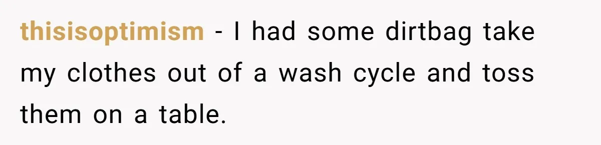 thisisoptimism − I had some dirtbag take my clothes out of a wash cycle and toss them on a table.
