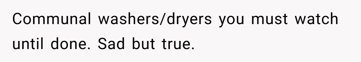 Communal washers/dryers you must watch until done. Sad but true.