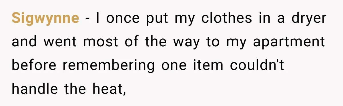 Sigwynne − I once put my clothes in a dryer and went most of the way to my apartment before remembering one item couldn't handle the heat,