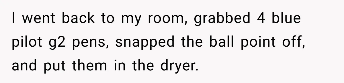 I went back to my room, grabbed 4 blue pilot g2 pens, snapped the ball point off, and put them in the dryer.
