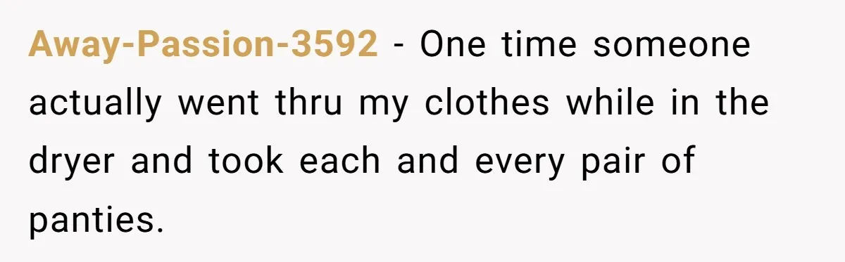 Away-Passion-3592 − One time someone actually went thru my clothes while in the dryer and took each and every pair of panties.