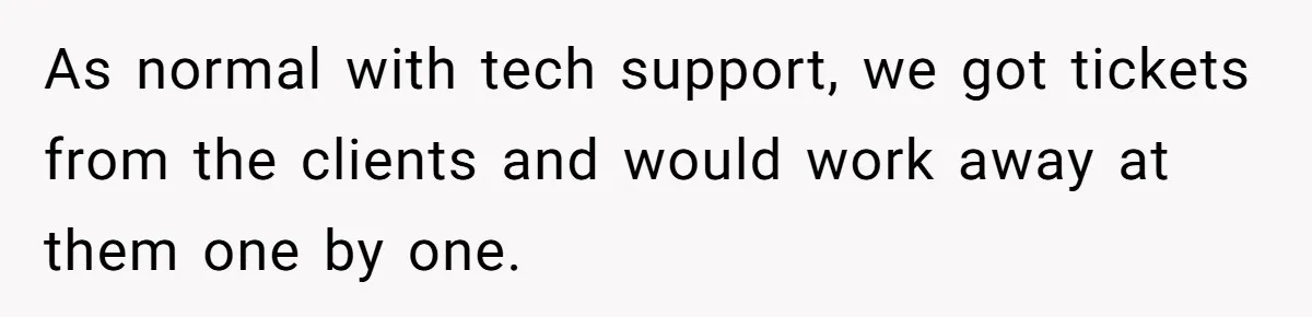 As normal with tech support, we got tickets from the clients and would work away at them one by one.