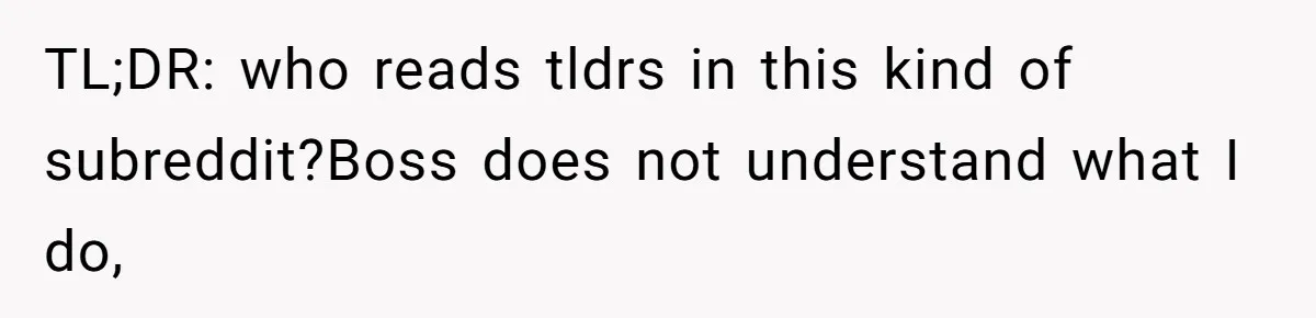 TL;DR: who reads tldrs in this kind of subreddit?Boss does not understand what I do,