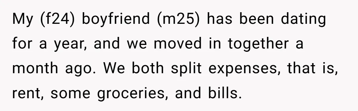 My (f24) boyfriend (m25) has been dating for a year, and we moved in together a month ago. We both split expenses, that is, rent, some groceries, and bills.