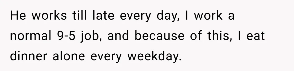 He works till late every day, I work a normal 9-5 job, and because of this, I eat dinner alone every weekday.
