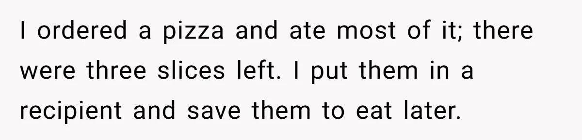 I ordered a pizza and ate most of it; there were three slices left. I put them in a recipient and save them to eat later.